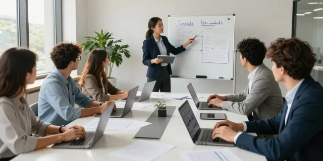 Team collaboration in a modern office showcasing dynamic strategies for the next page.