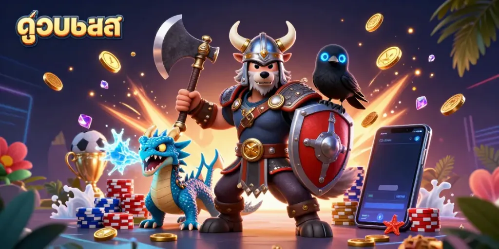 Engaging viewers with thrilling ดูบอลสด action featuring a heroic Viking wolf warrior, fierce dragon, and vibrant gambling elements.