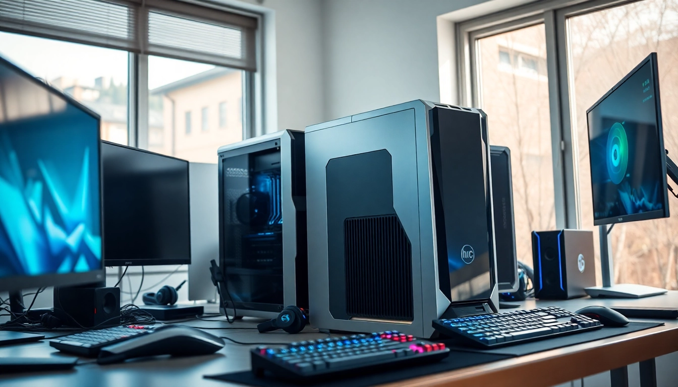 Προσωπικοί υπολογιστές pc υψηλής ποιότητας σε μοντέρνο γραφείο με gadgets.