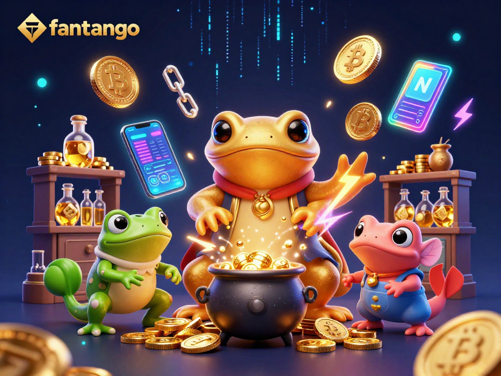 Play fantastically at fantango with exciting gold elements and crypto icons in a vibrant 3D scene.