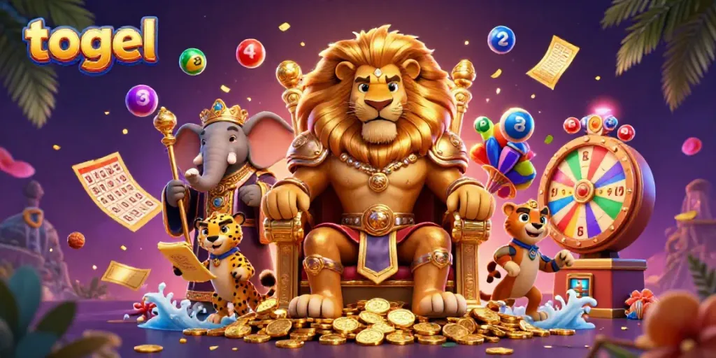 Engage in togel action with a vibrant scene featuring lion king, elephant advisor, and cheetah messenger.