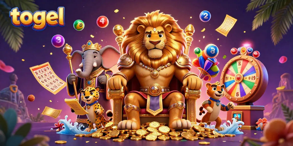 Engage in togel action with a vibrant scene featuring lion king, elephant advisor, and cheetah messenger.