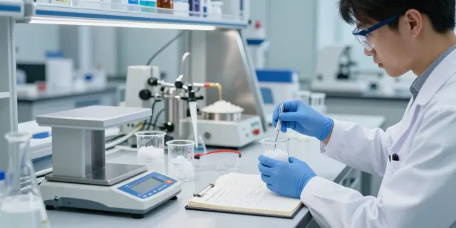 هگزا متا فسفات سدیم در آزمایشگاه شیمی، پژوهشگر در حال آزمایش با ترکیب کریستالی.