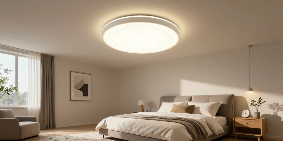 Lustra dormitor modernă cu iluminare LED în cameră, design elegant și atmosferă liniștită.