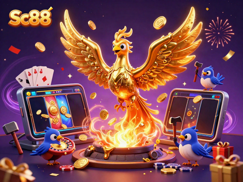 Experience thrilling transformations with Sc88 as golden coins rain from a molten phoenix in a dazzling casino scene.