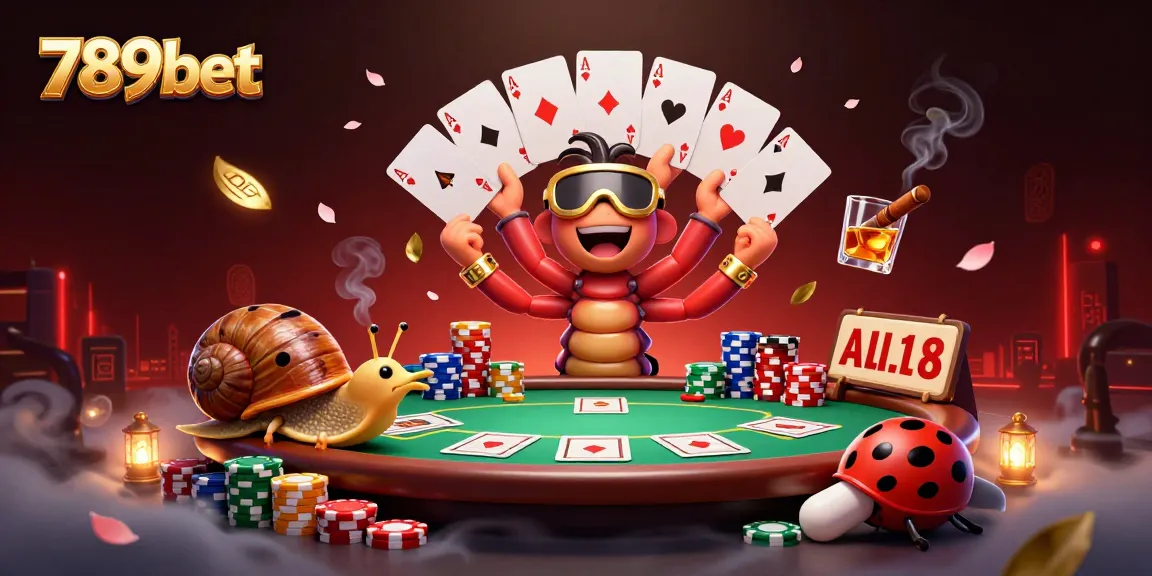 Experience high-stakes poker action with 789bet's unique dealer scene featuring animated characters and rich casino elements.