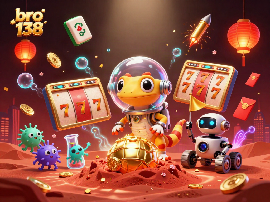 Spin the reels with bro 138 in a vibrant casino scene featuring Martian gecko and golden treasures.