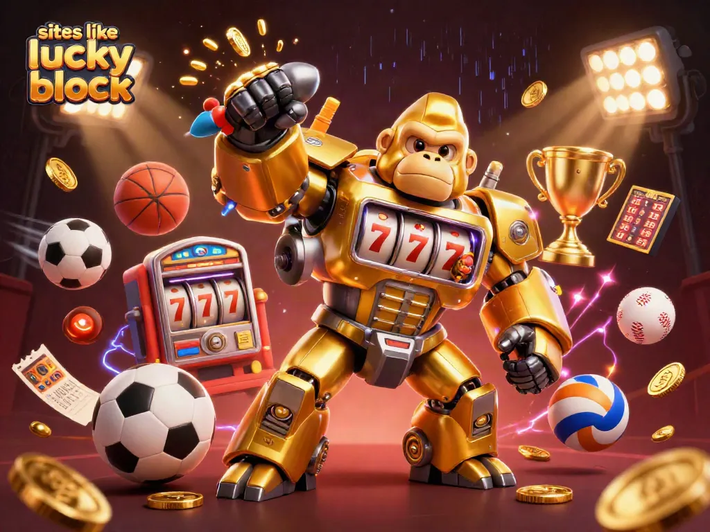 Action-packed scene illustrating sites like lucky block with golden gorilla mech and dynamic sports elements.