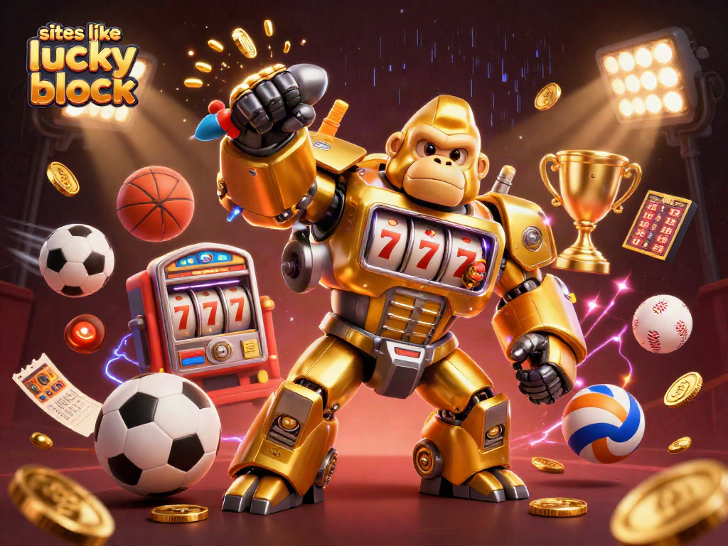 Action-packed scene illustrating sites like lucky block with golden gorilla mech and dynamic sports elements.