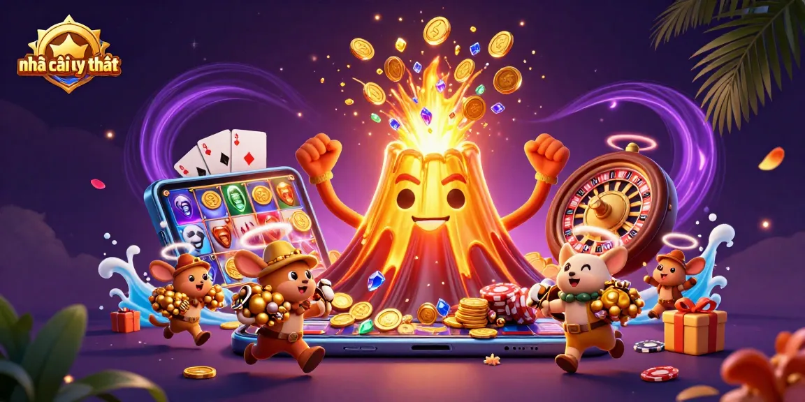 Experience thrilling adventures with nhà cái uy tín, featuring a joyful volcano, treasures, and exciting casino elements.