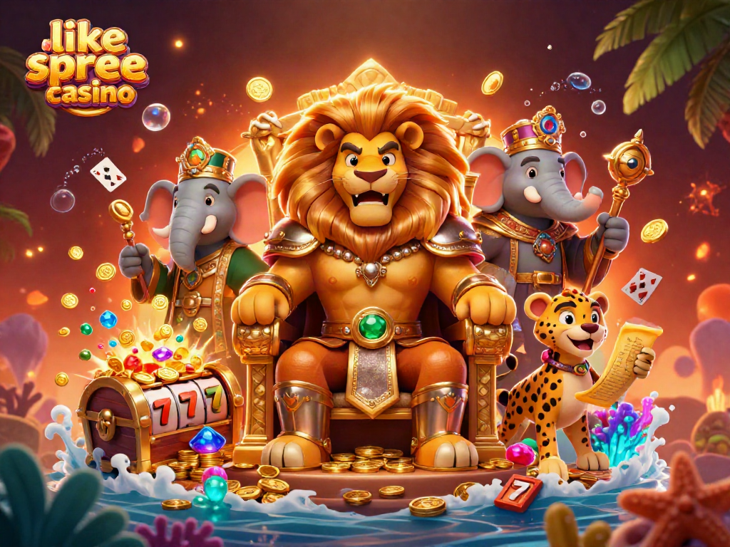 Play exciting games like spree casino with a lion king, elephant, and cheetah in a vibrant scene.