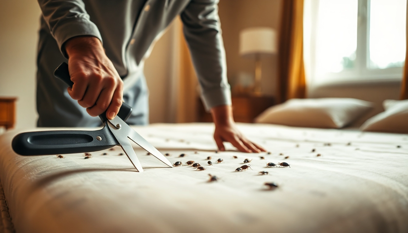 Engaging scene of a technician performing bed bug removal with professional tools.