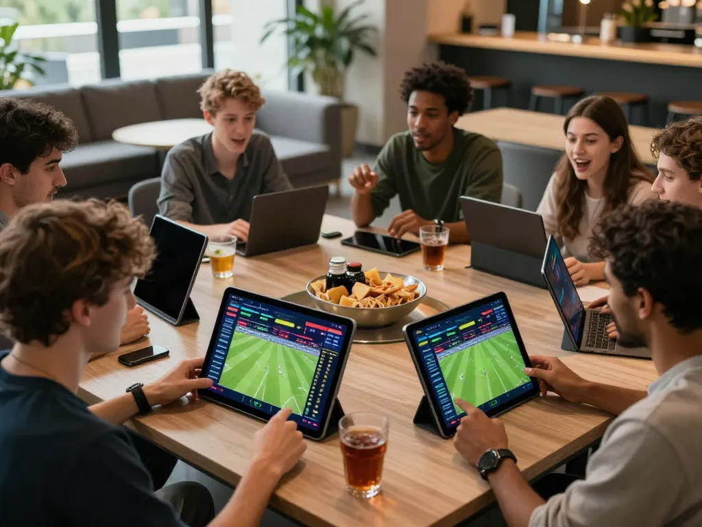 Engaging scene of young adults analyzing sports odds on devices at WWBOLA for high-stakes betting.