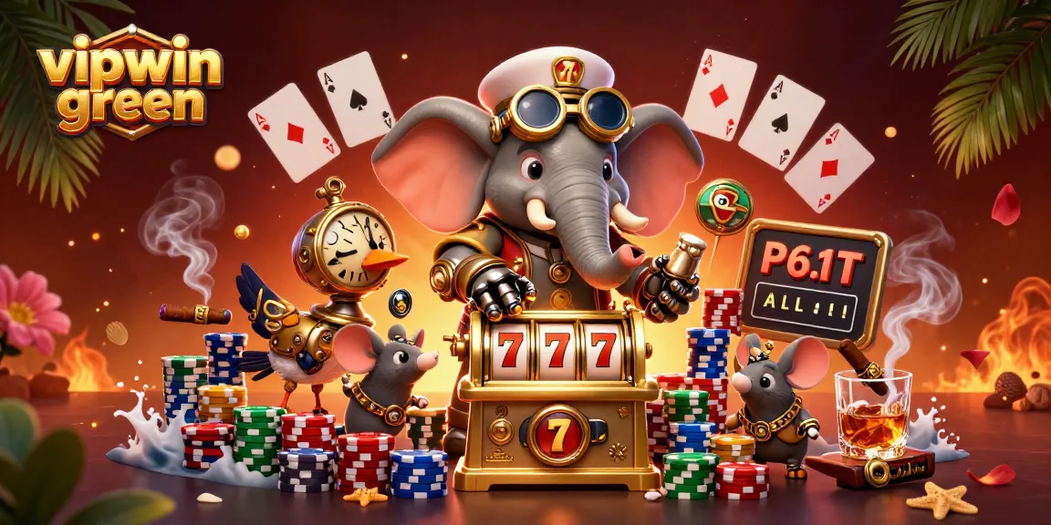 Experience the excitement with vipwin green as the steampunk elephant spins a golden slot machine in a colorful casino scene.