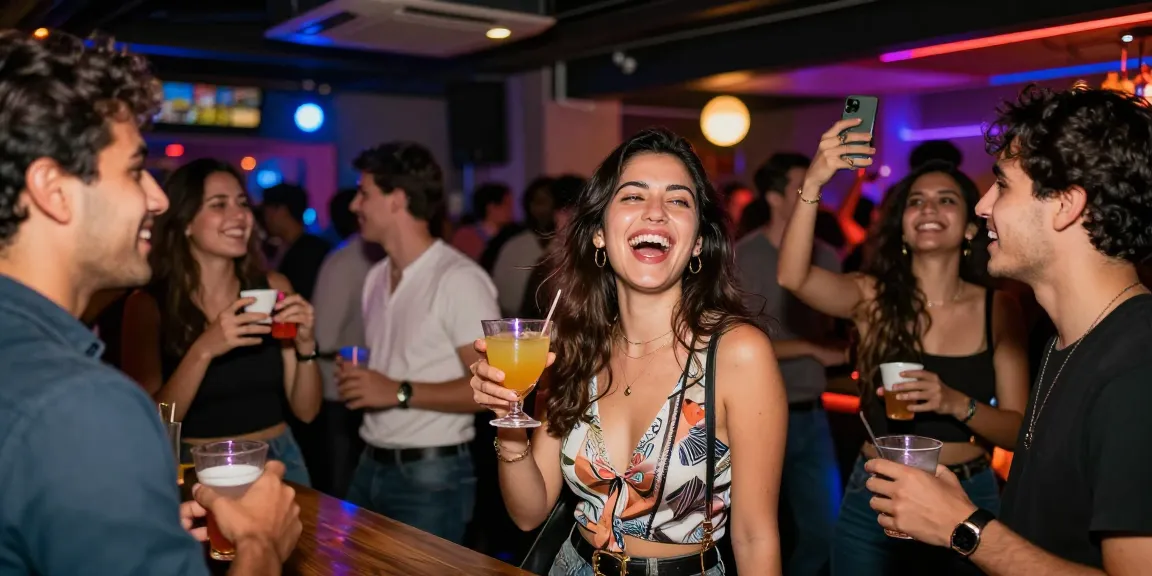 Nhóm bạn trẻ tận hưởng không khí vui vẻ tại bar, gái gọi tạo cảm giác sôi động