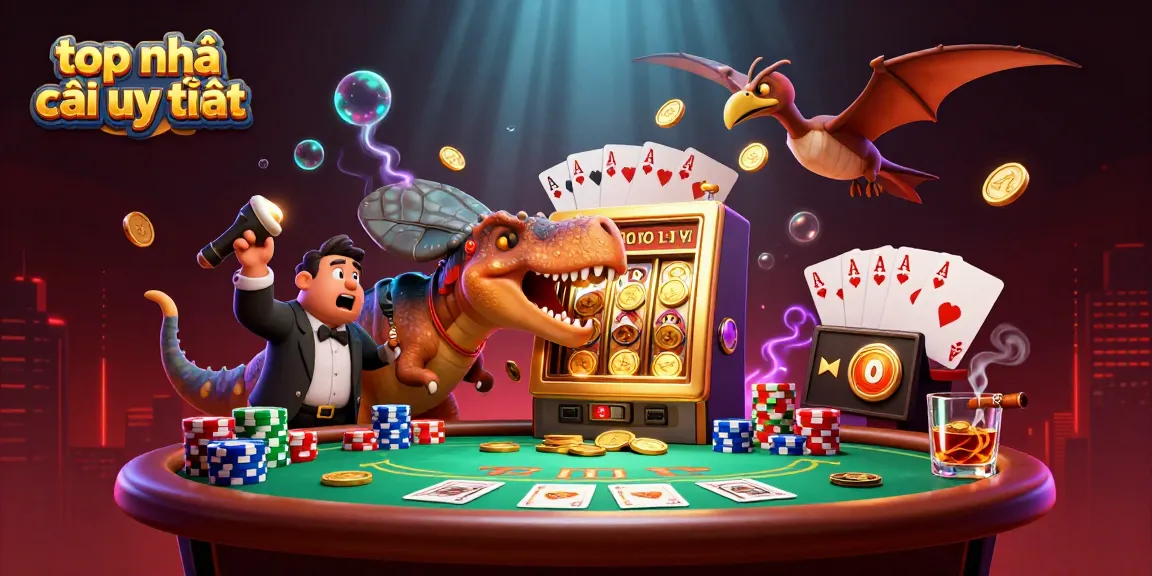 Experience top nhà cái uy tín as a cartoon pachycephalosaurus triggers jackpot coins, amidst a vibrant casino scene.