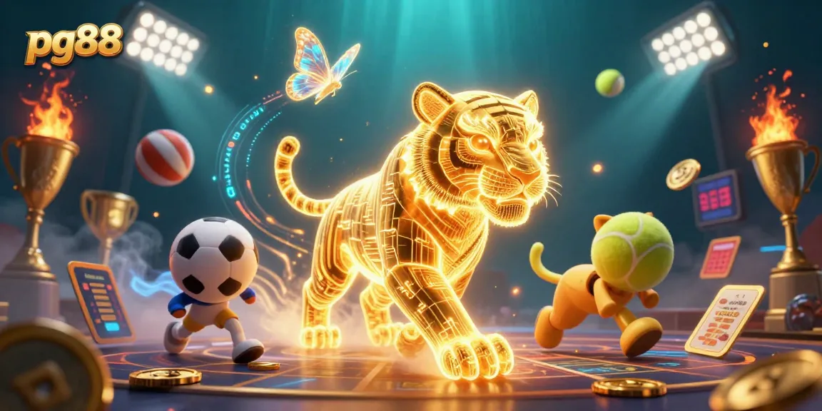Place your bets with pg88 in this vibrant casino scene featuring a golden tiger and dynamic sports elements.