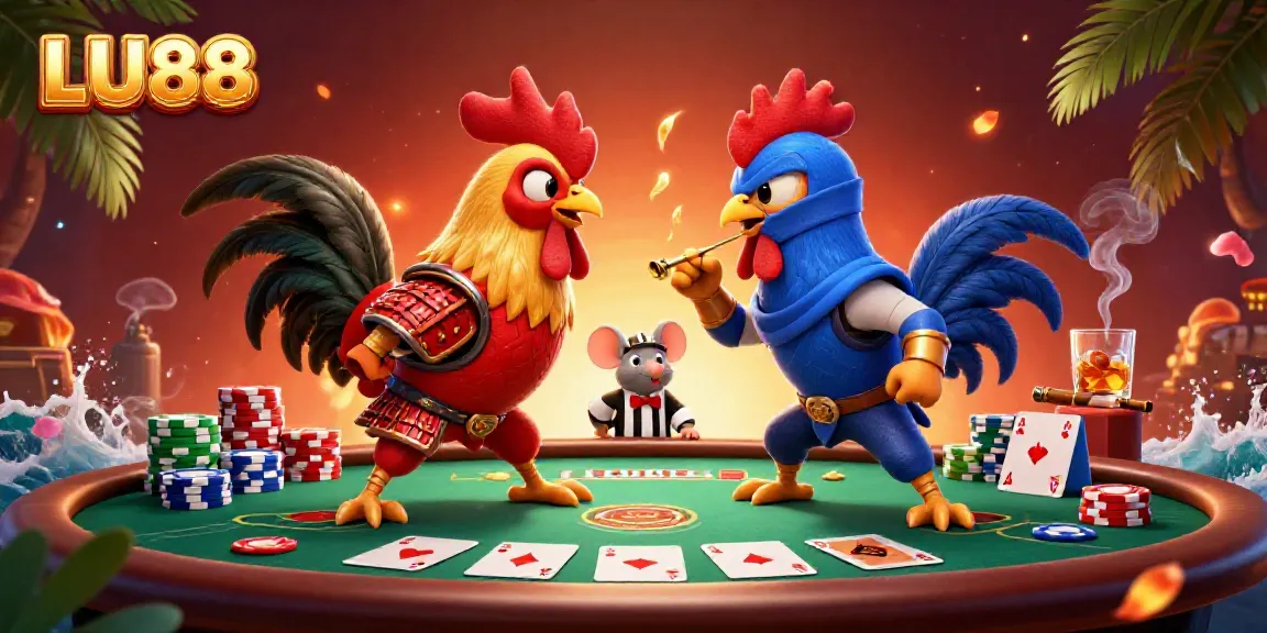 LU88 showcases an intense standoff of samurai and ninja roosters amidst vibrant casino elements.