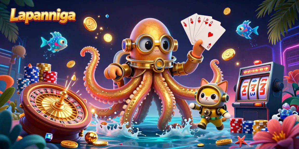 Engage with Lapannaga's thrilling gaming experience, featuring a colossal kraken and a diving cat amidst vibrant casino elements.