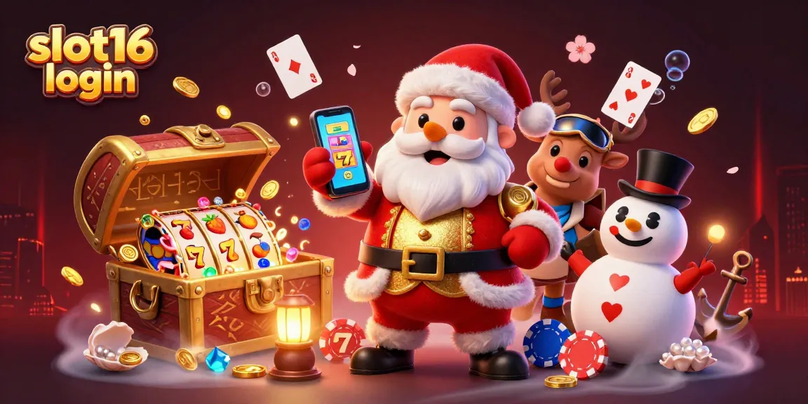 Engage with the thrilling slot16 login experience featuring festive casino characters and vibrant slot game elements.