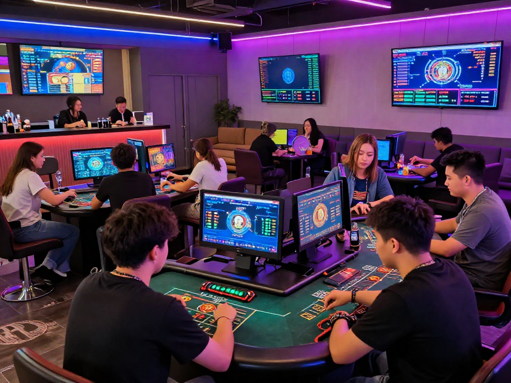 Players enjoying a crypto casino experience with digital gaming and vibrant atmosphere.