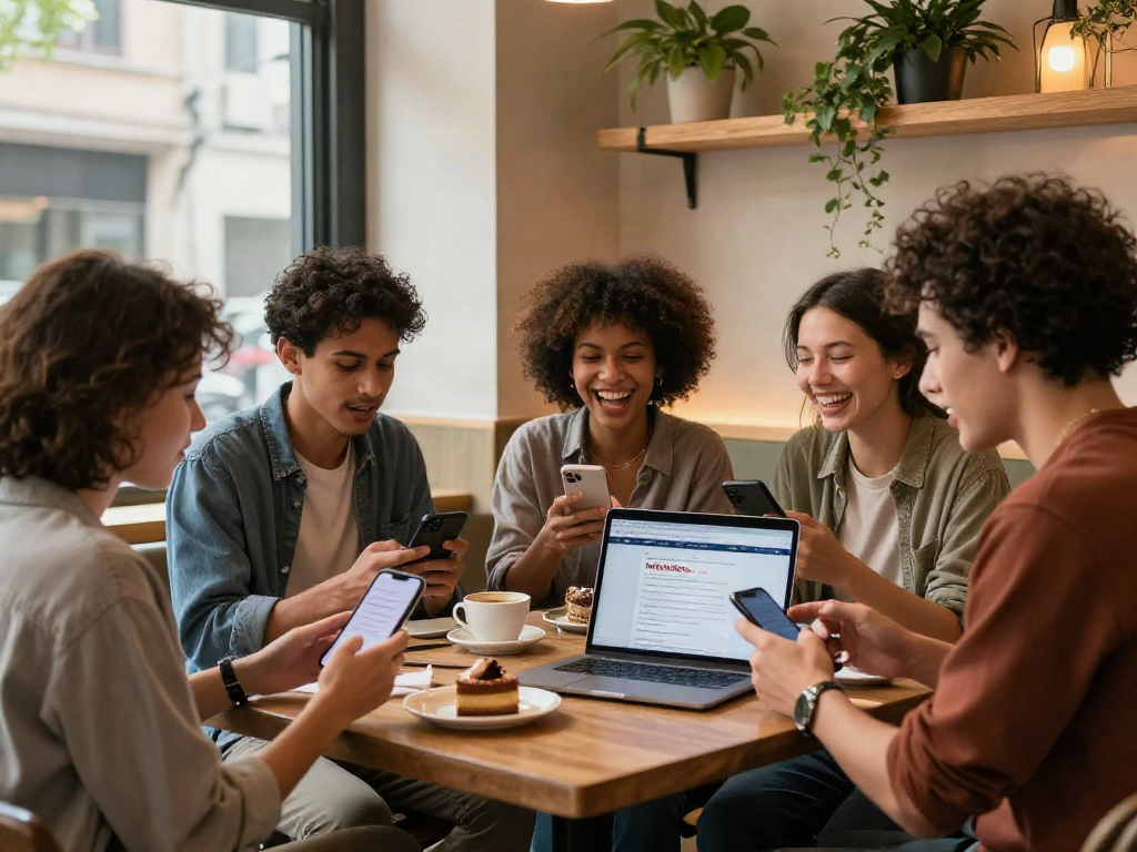 A diverse group of friends enjoying an attractiveness test in a vibrant café setting, with smartphones and coffee on the table.
