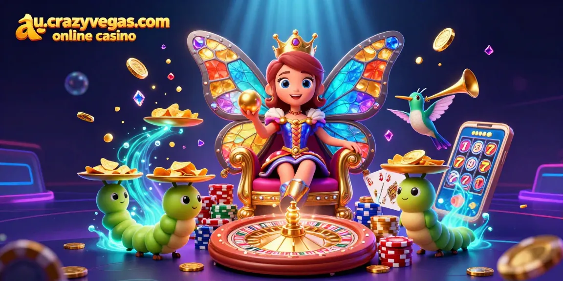 Experience fun gaming at au.crazyvegas.com online casino with vibrant characters and casino elements.