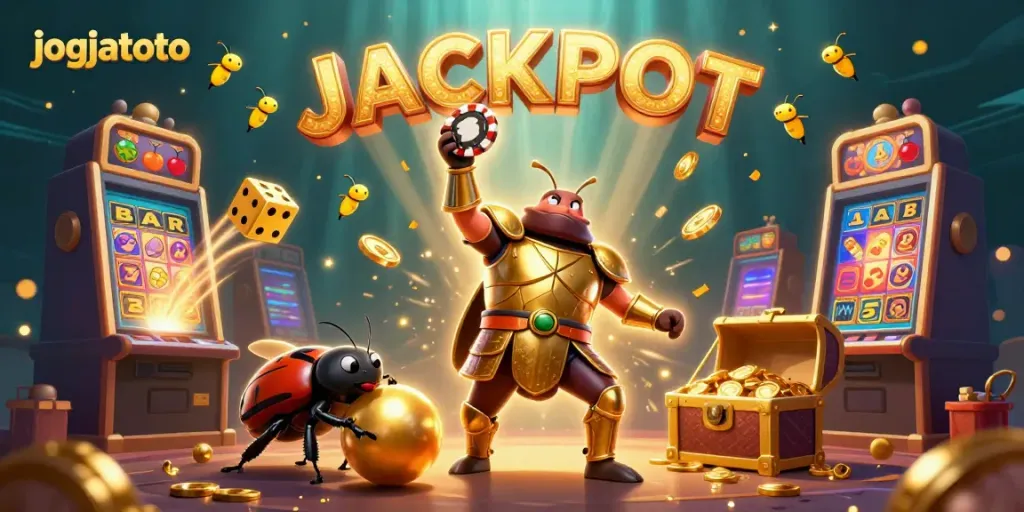 Experience the thrill with jogjatoto, where a heroic beetle celebrates jackpot wins in a vibrant casino scene.