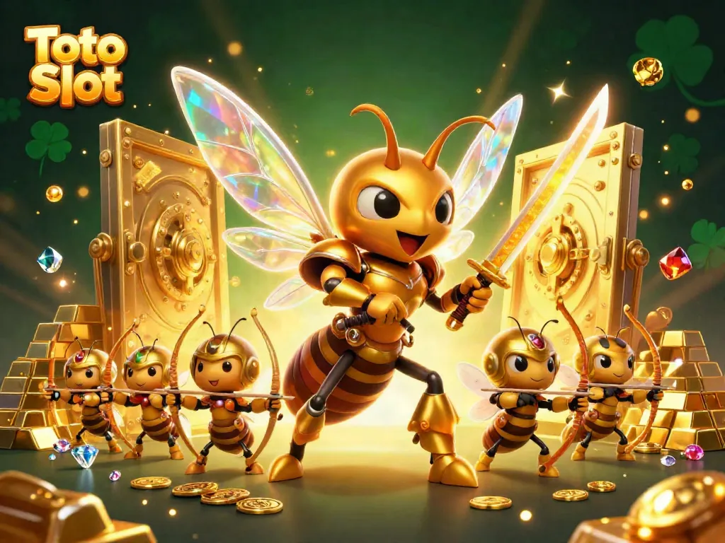 Permainan Toto Slot dengan karakter lebah raksasa dalam armor samurai di latar belakang harta karun.