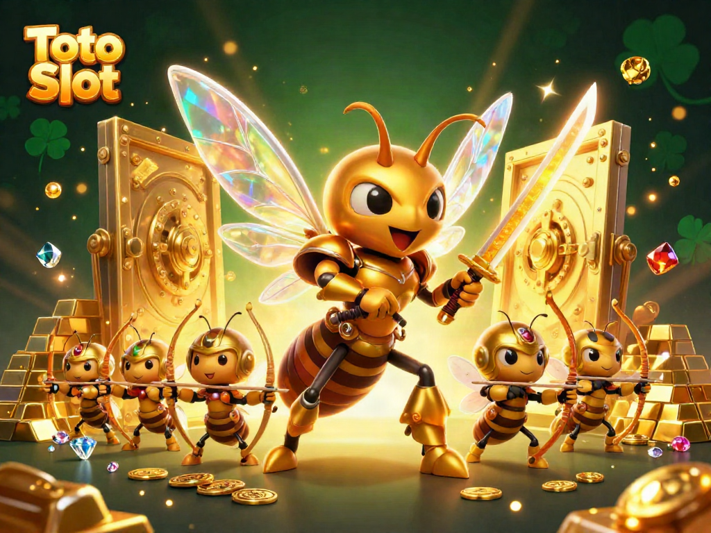Permainan Toto Slot dengan karakter lebah raksasa dalam armor samurai di latar belakang harta karun.