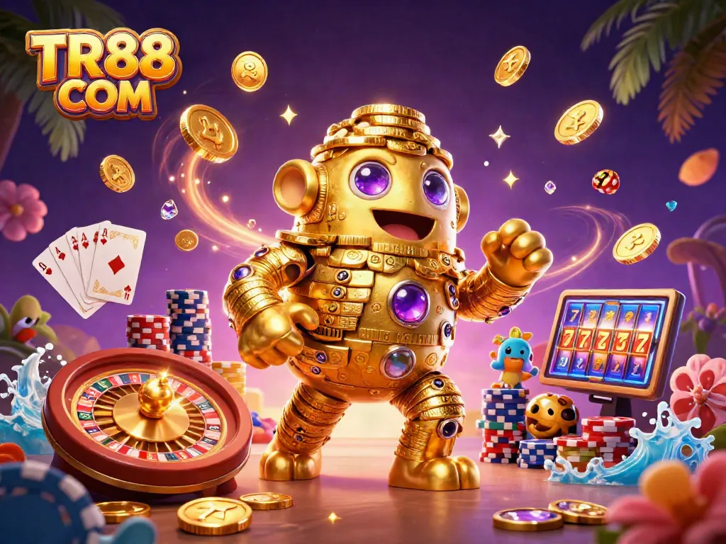Engage with TR88 COM through an exciting 3D scene filled with casino elements, vibrant colors, and dynamic action.