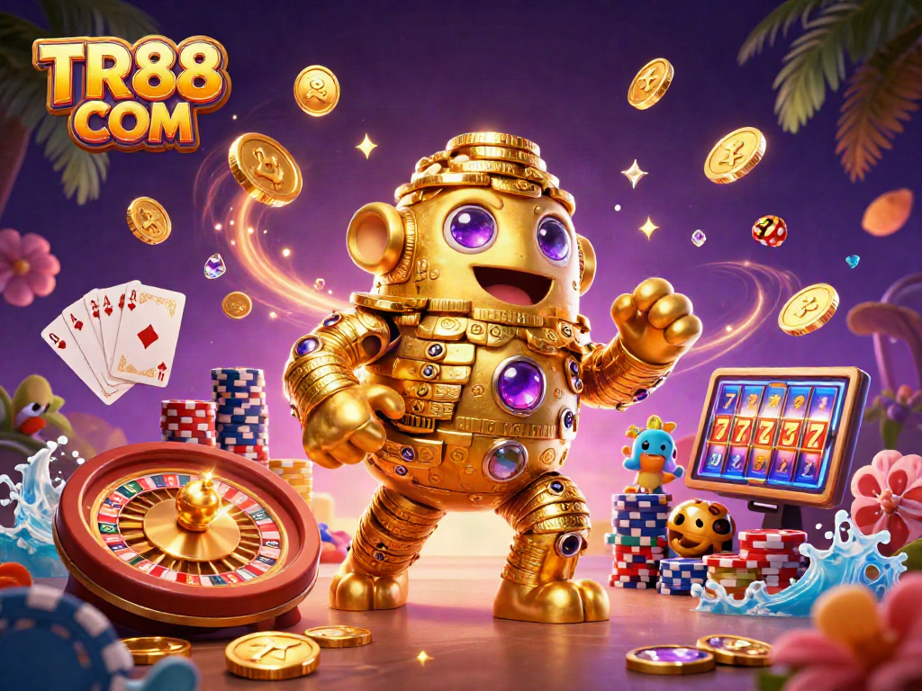 Engage with TR88 COM through an exciting 3D scene filled with casino elements, vibrant colors, and dynamic action.