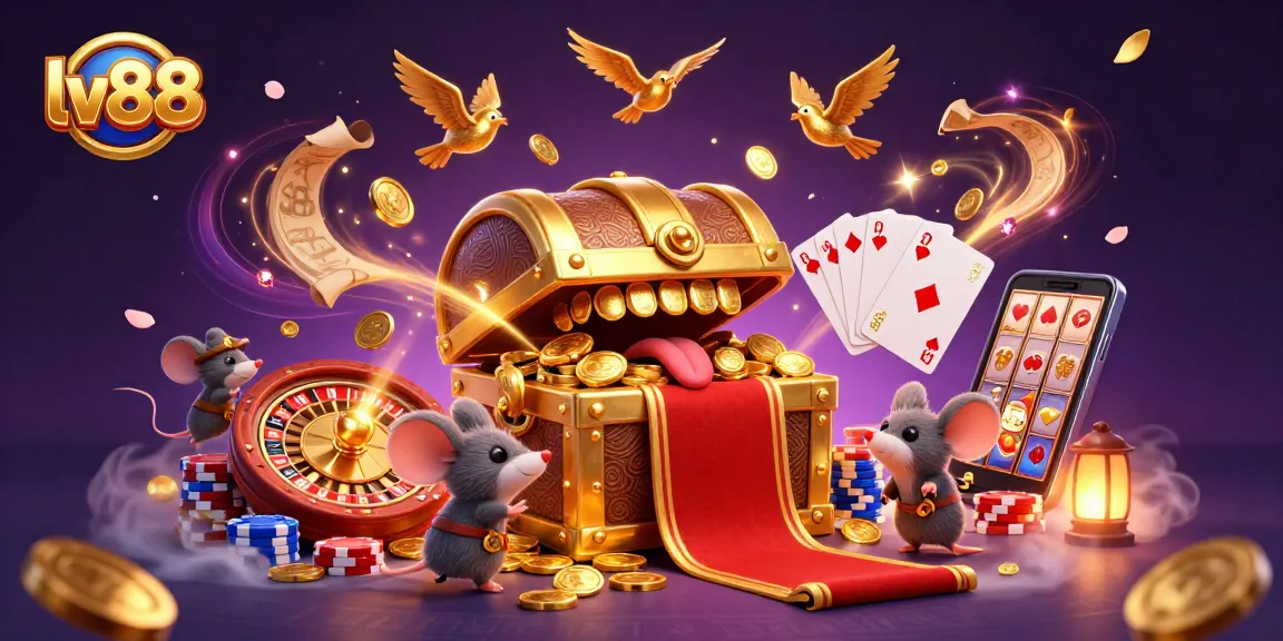 Experience the thrill of winning at lv88 casino with golden treasures and playful adventure mice.