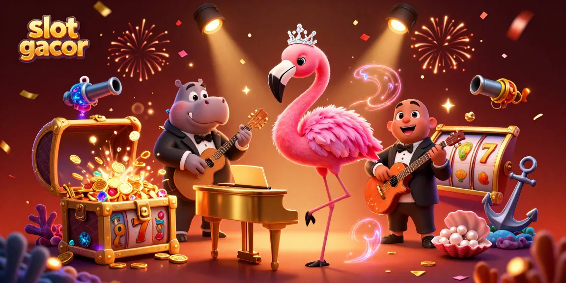 Experience vibrant slot gacor action with a flamingo singer and hippo bassist in a dazzling casino scene.