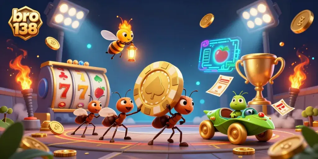 Engage in thrilling gameplay with bro 138 featuring lively ants heisting a golden poker chip in a vibrant casino scene.