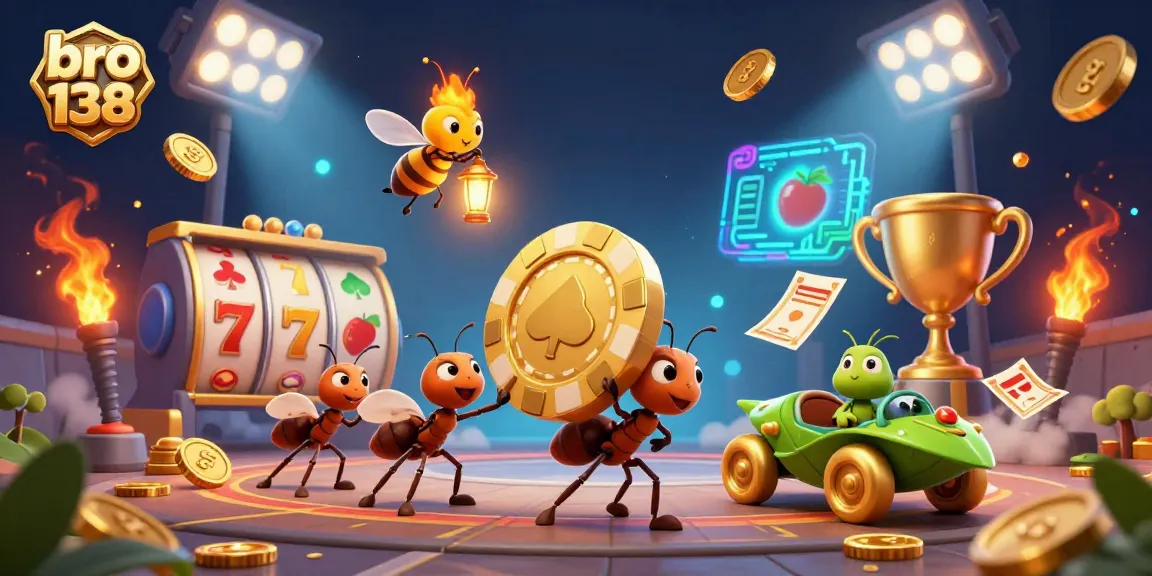 Engage in thrilling gameplay with bro 138 featuring lively ants heisting a golden poker chip in a vibrant casino scene.