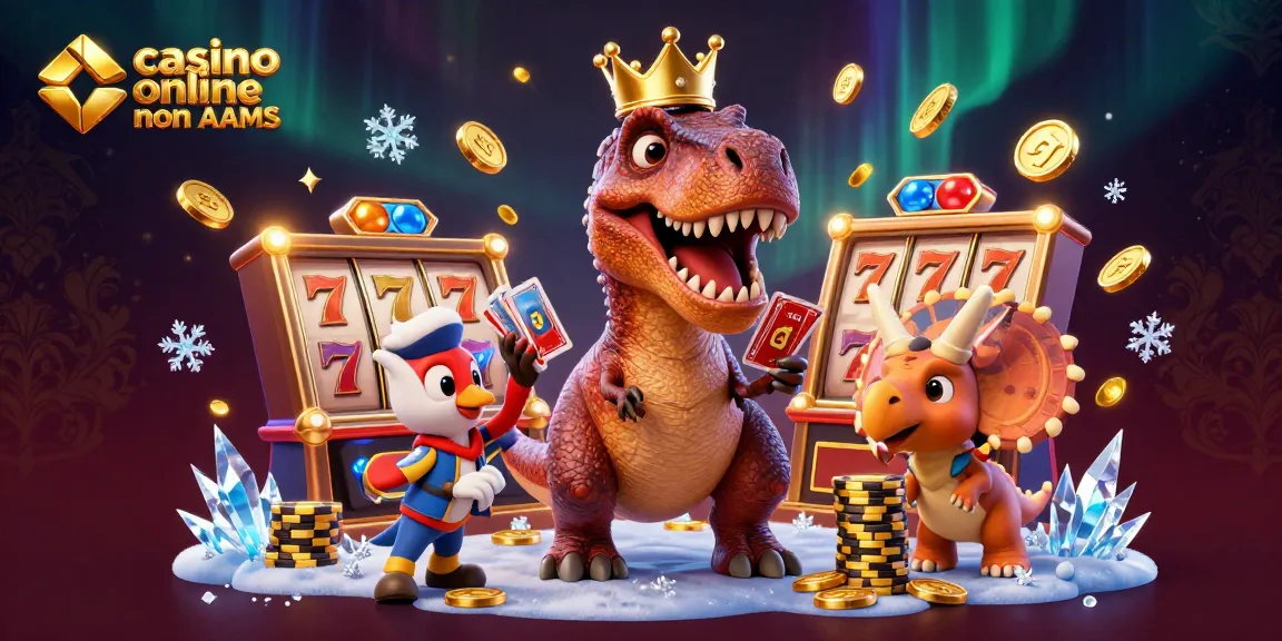 Gioca ai casino online non AAMS mentre un T-Rex e un triceratopo si divertono con fiches dorate e slot machine.