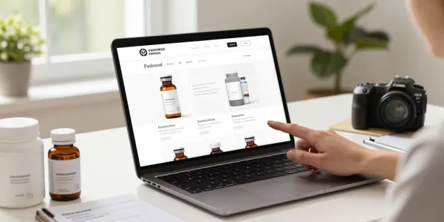 Engaging online shopping scene with peptides for sale, showcasing product vials and a smartphone interaction.