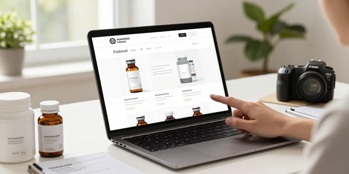 Engaging online shopping scene with peptides for sale, showcasing product vials and a smartphone interaction.