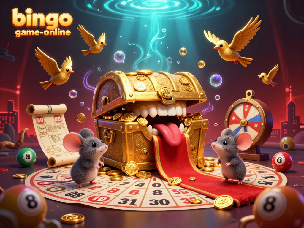 Bingo-game-online showcases a vibrant illustration of a bingo treasure chest enticing adventurer mice, featuring colorful bingo elements.