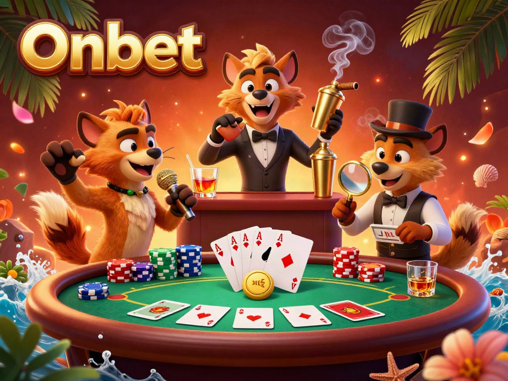Experience the vibrant Onbet casino scene with lively hyenas, poker action, and atmospheric details.