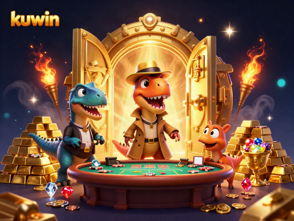 kuwin unveils a thrilling casino scene featuring animated dinosaurs at a blackjack table.