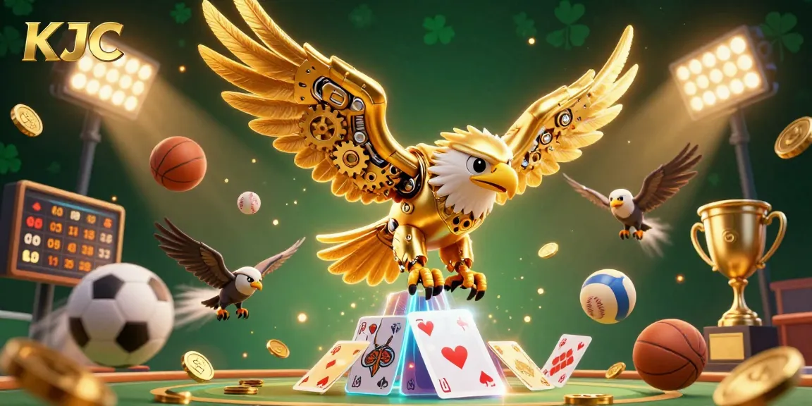 KJC delivers thrilling sports betting action with a cybernetic eagle amidst dynamic illustrations.