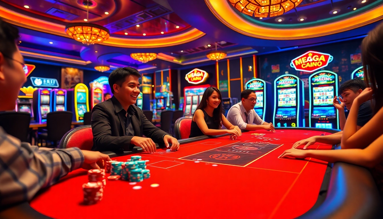 Menangkan permainan Mega888 Malaysia dengan suasana kasino yang meriah dan pemain bersemangat.