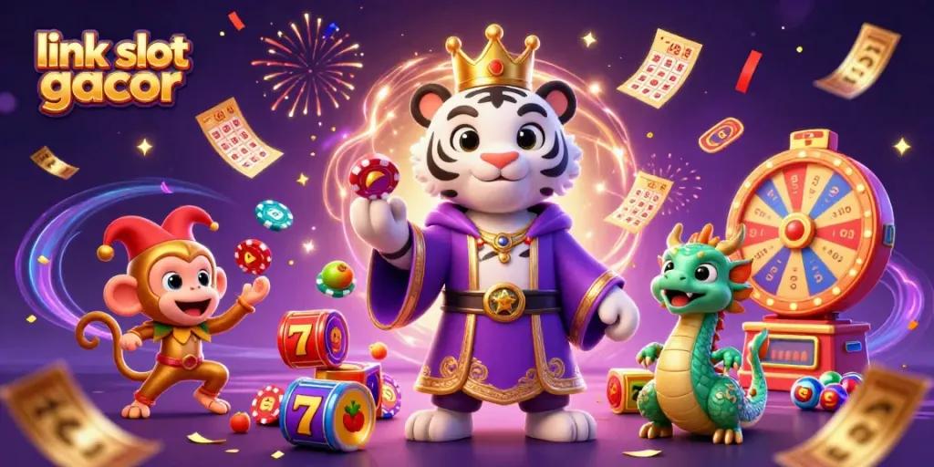 Menghentak slot gacor dengan karakter harimau putih dan monyet emas dalam ilustrasi 3D penuh warna.