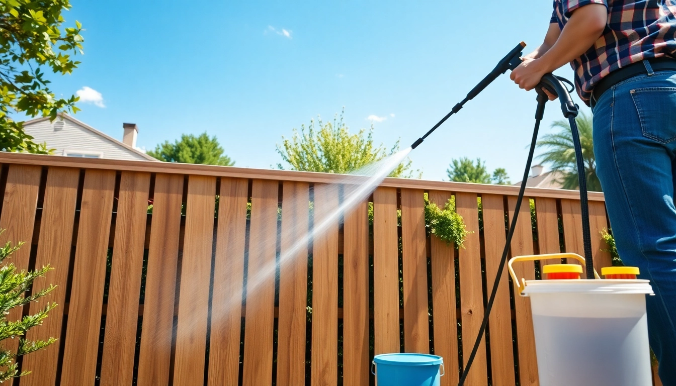 Vibrant scene of Fence Cleaning showcasing a professional cleaning a wooden fence with a soft wash solution.