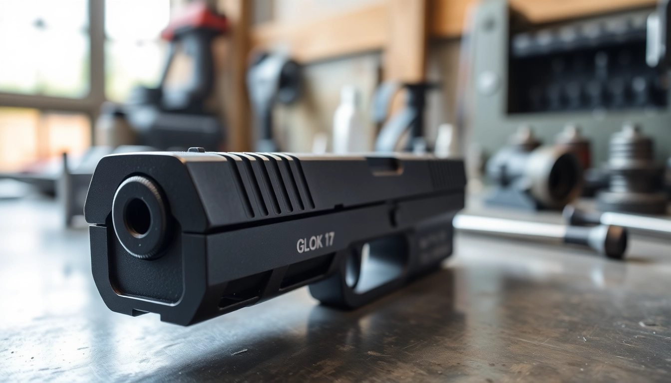 Examine the detailed Glock 17 slide OEM showcasing craft and precision in a workshop environment.