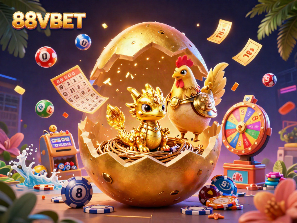 Experience the excitement of 88VBET with a vibrant scene of golden gaming elements and dynamic characters.