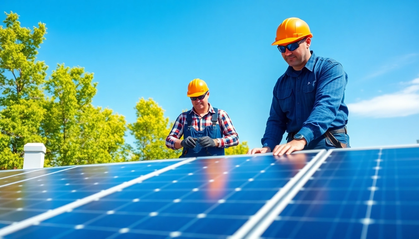 Experienced technicians from a solar repair company New Jersey fixing solar panels on a rooftop.