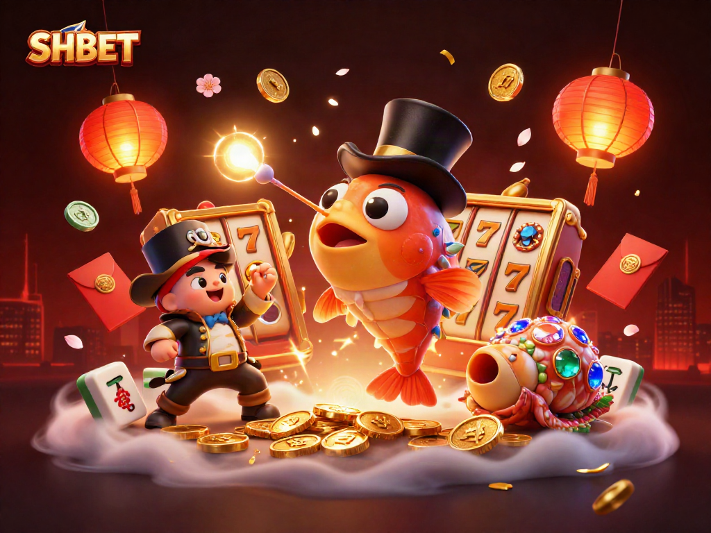 Attract golden coins with SHBET's anglerfish and vibrant slot symbols in a rich scene.